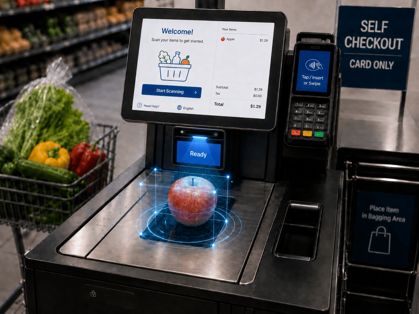 Shalyx produce recognition kiosk identifying produce at a grocery checkout