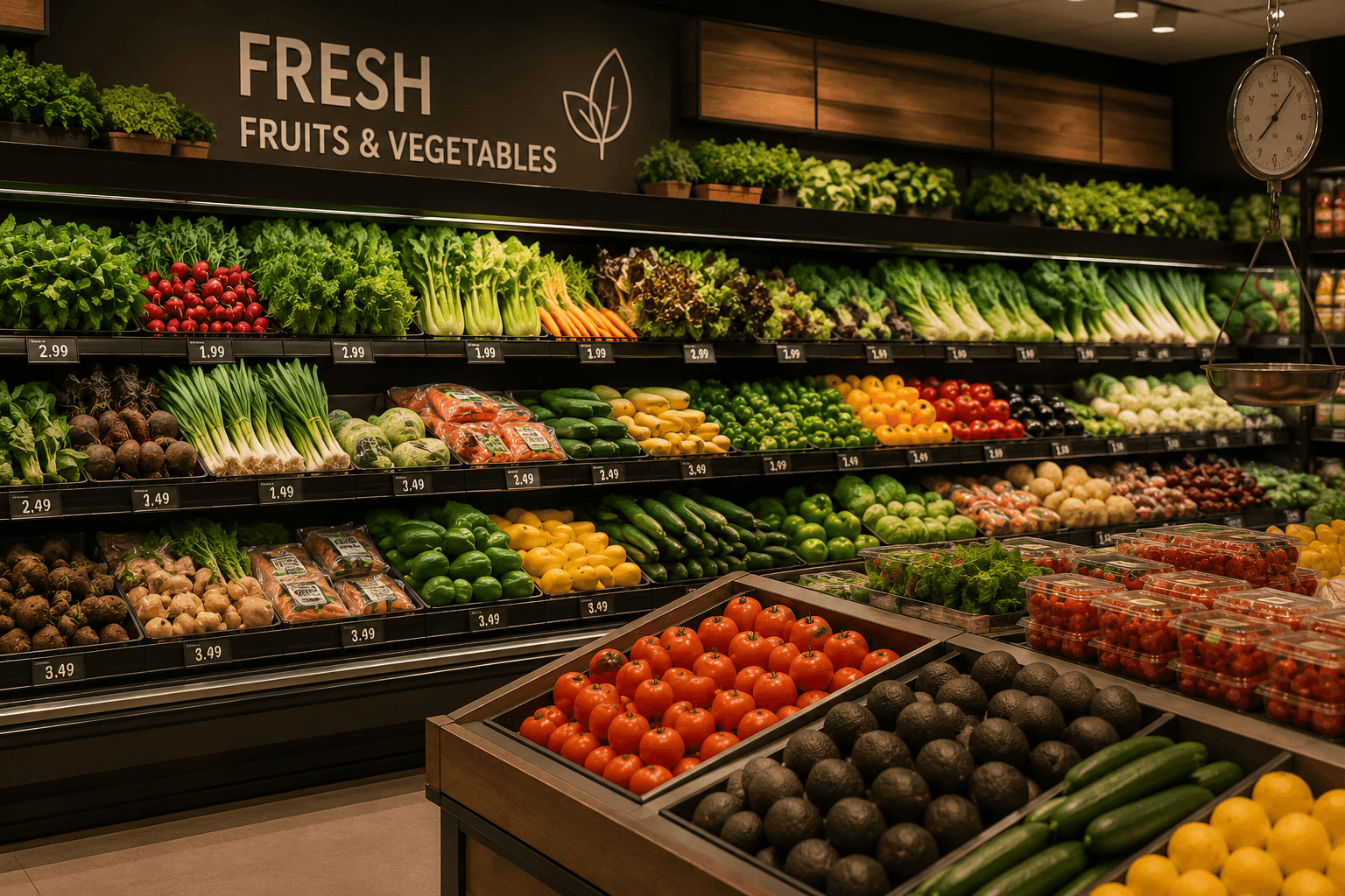 Fresh fruit and vegetable shelves stocked in a grocery produce section