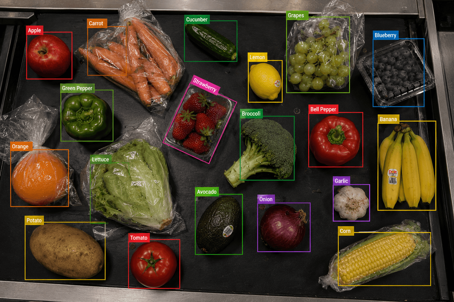 Shalyx AI produce recognition kiosk identifying an apple at a grocery self-checkout
